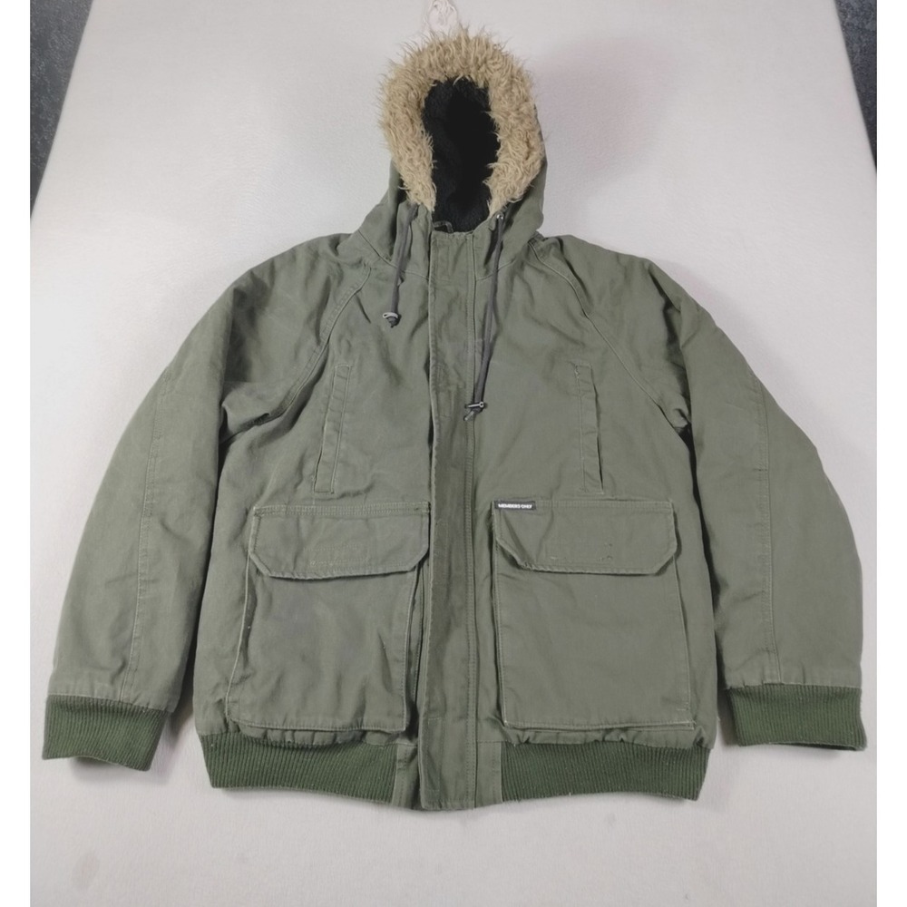 Members Only Jacket Mens Large Green Hooded Bomber Fur Trim‎ Insulated Canvas